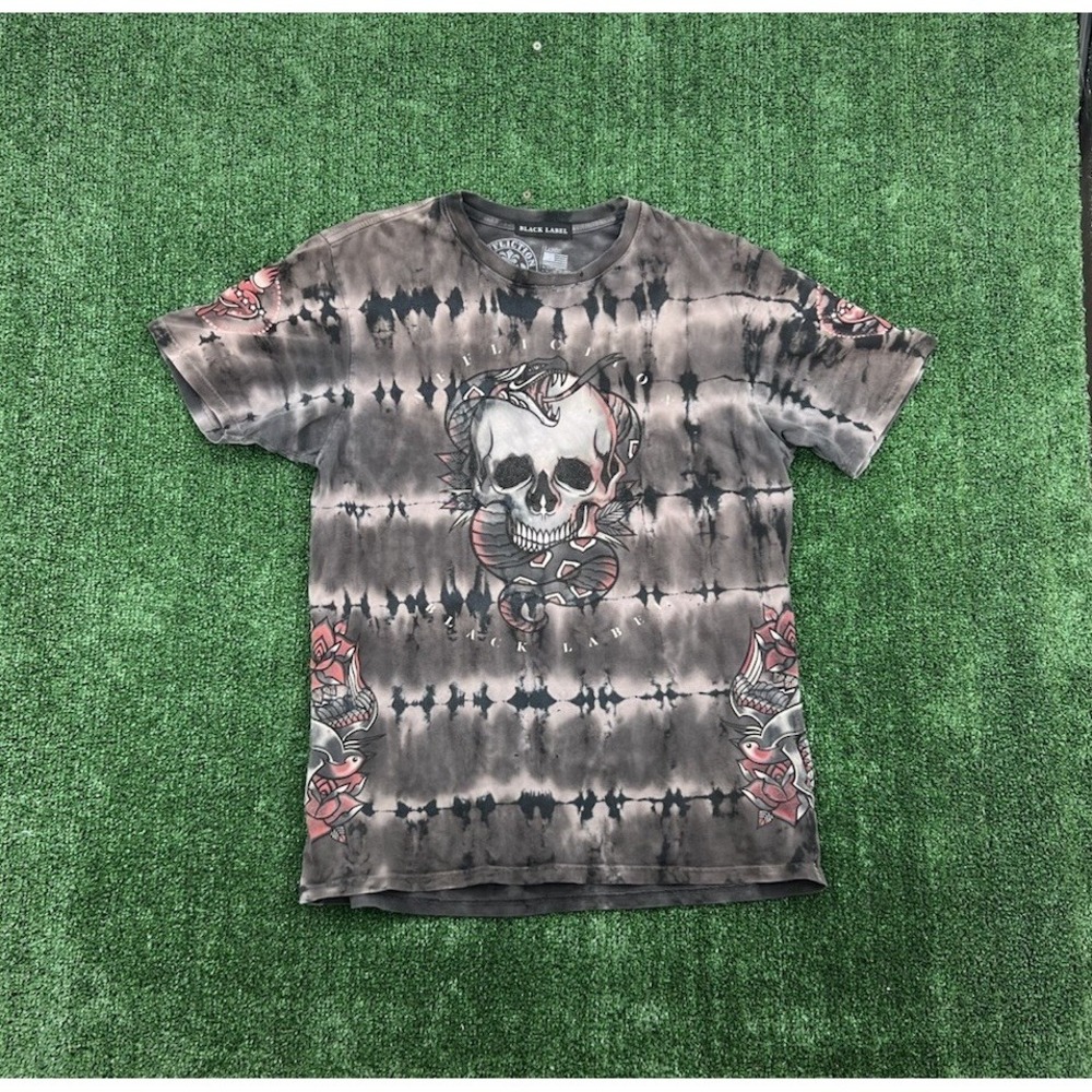 Affliction Black Label Shirt Mens L Black Gray Hearts Live Fast Graphic Tee USA